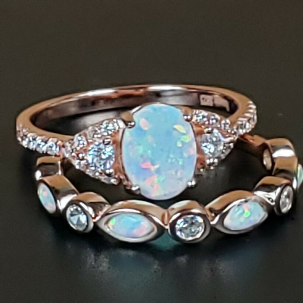 Opal wedding engagement bridal moonstone ring set
